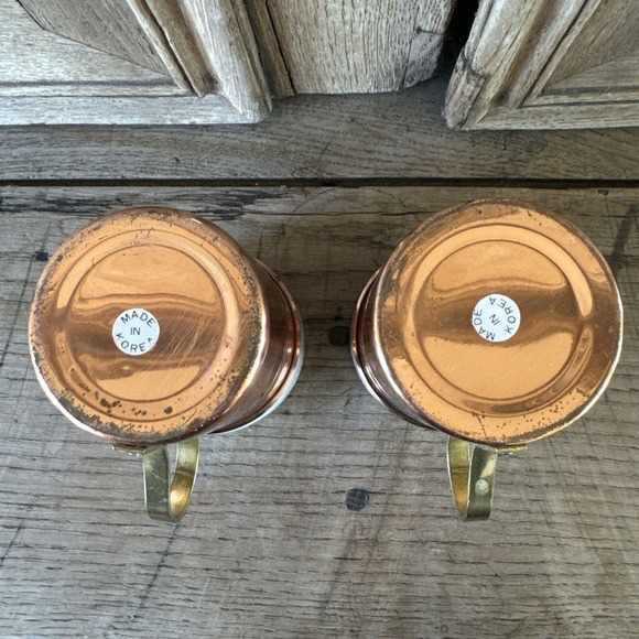 Vintage Set of 2 Copper & Porcelain Coffee Mugs Brass Handles Korea - Picture 5 of 11